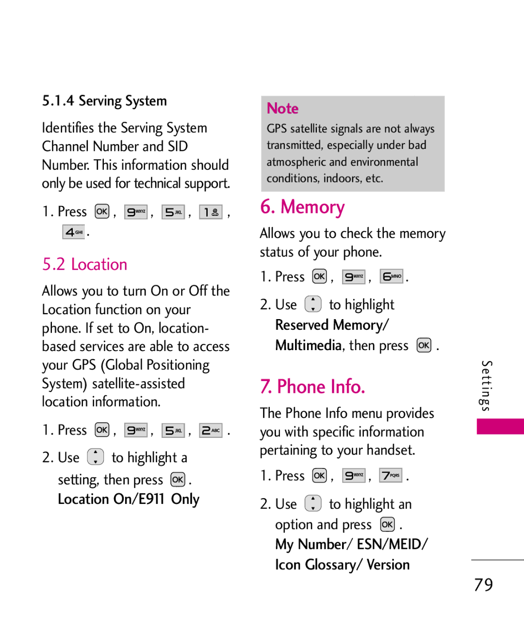 LG Electronics MMBB0382401, Nite manual Memory, Phone Info, Location, Serving System 