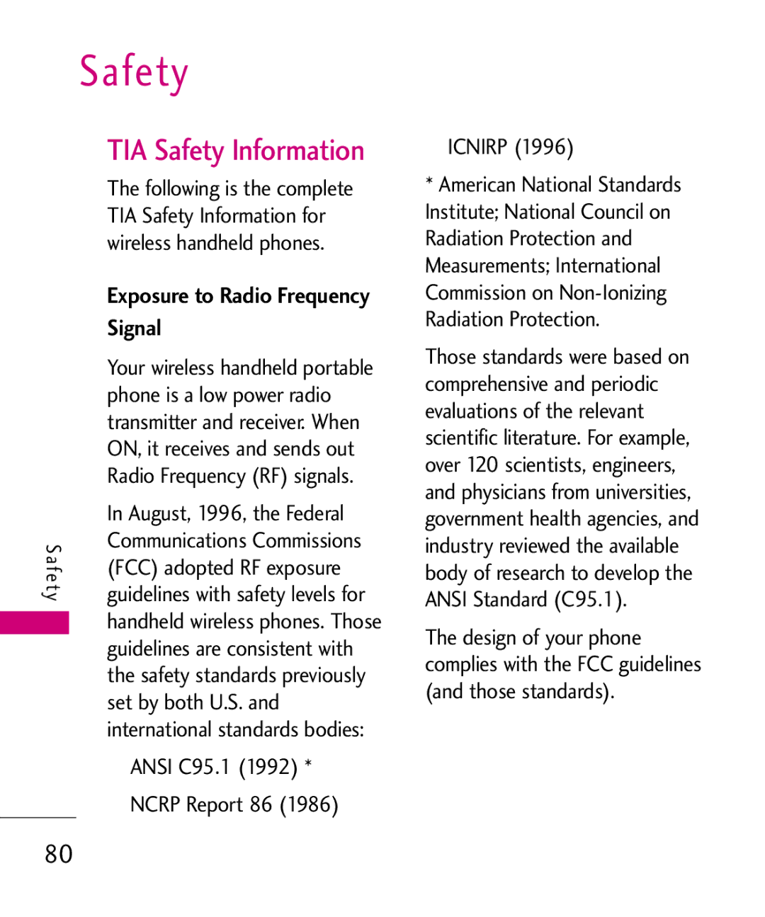 LG Electronics Nite, MMBB0382401 manual TIA Safety Information, Exposure to Radio Frequency 