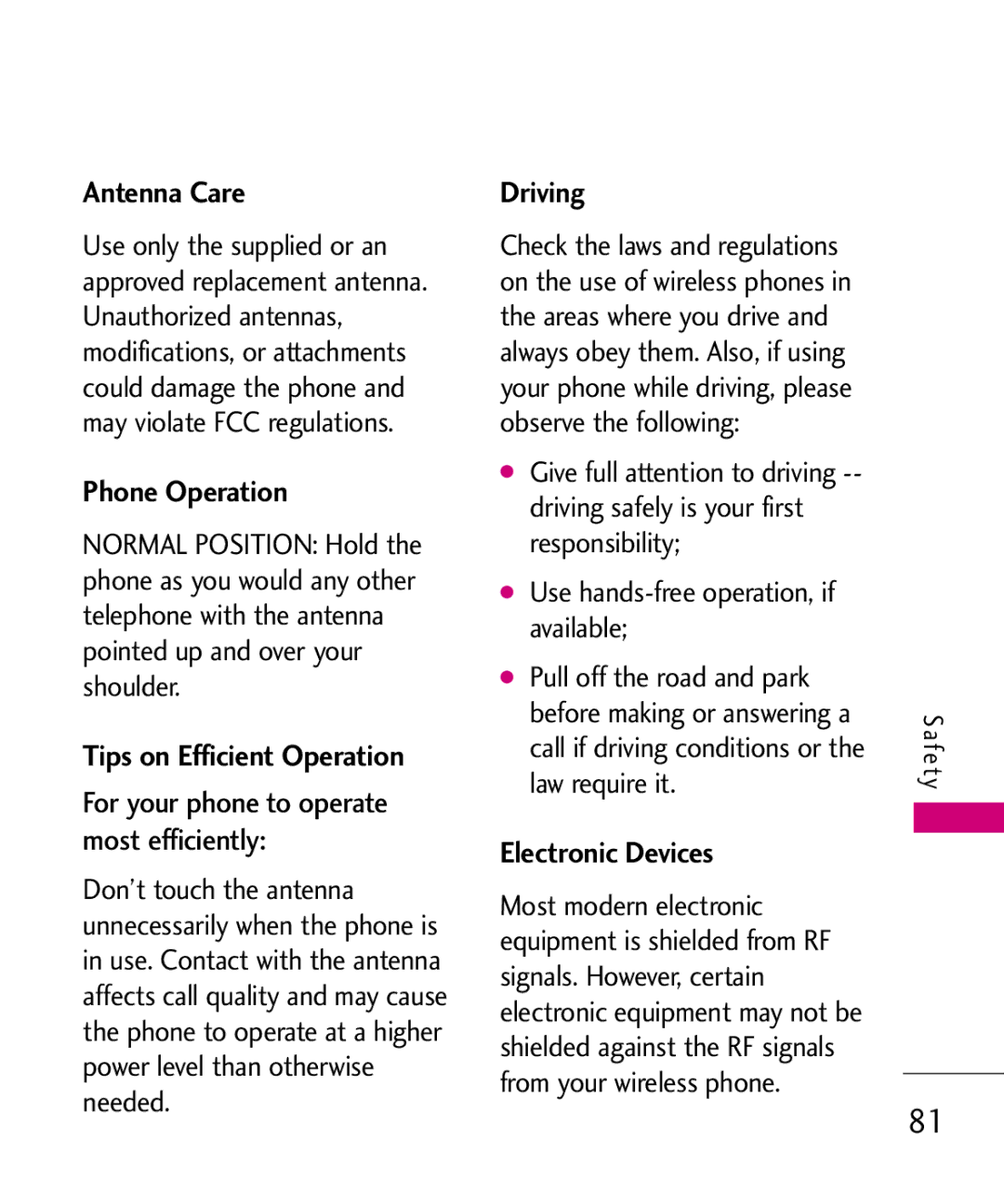 LG Electronics MMBB0382401, Nite manual Antenna Care, Phone Operation, Driving, Electronic Devices 