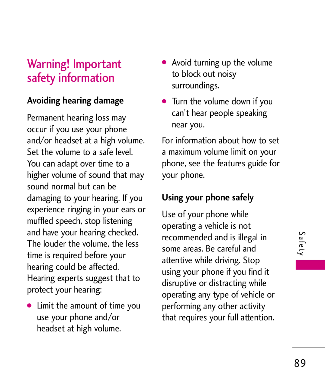 LG Electronics MMBB0382401, Nite manual Avoiding hearing damage, Using your phone safely 