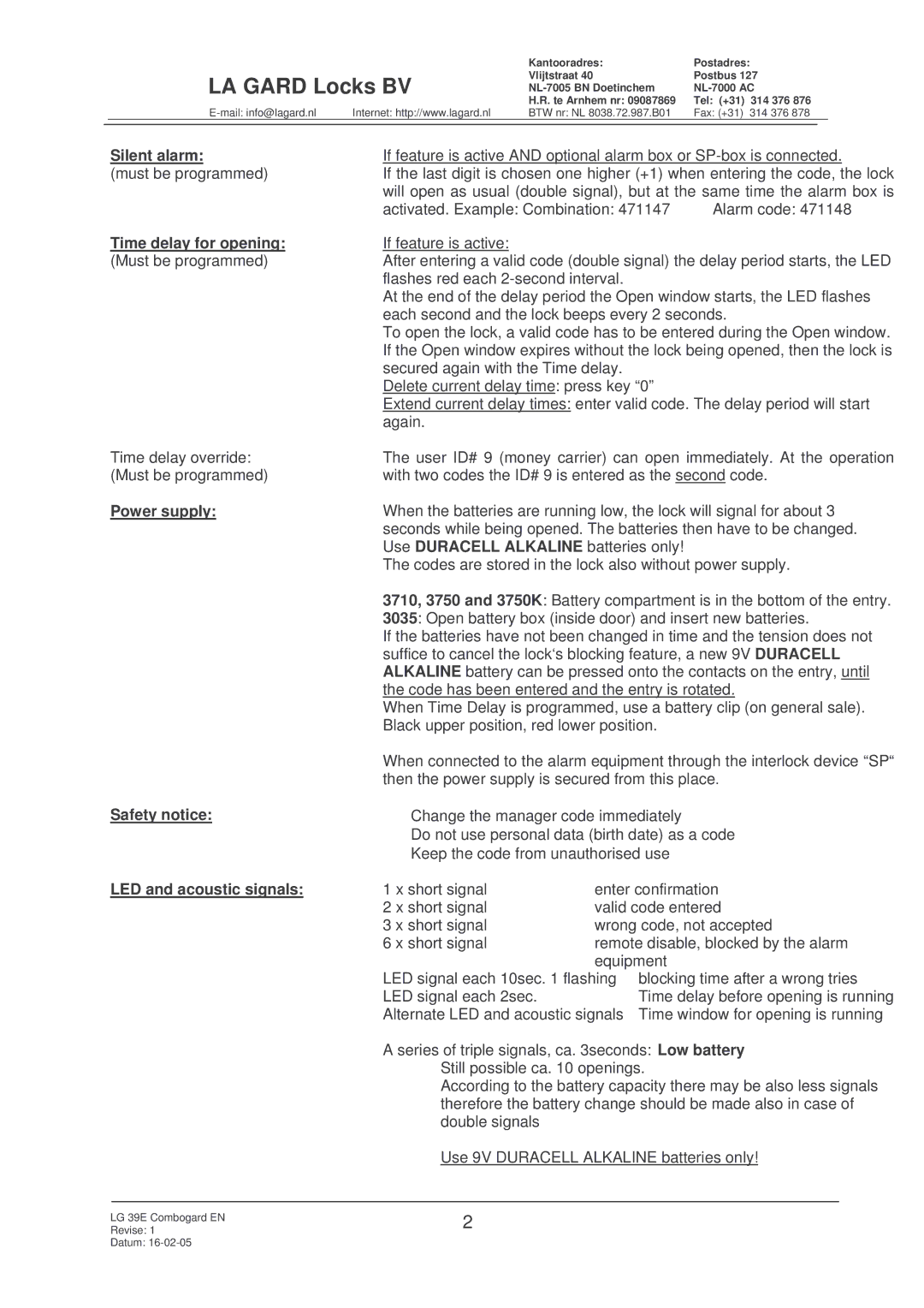 LG Electronics NL-7000 AC Silent alarm, Time delay for opening, Power supply, Safety notice, LED and acoustic signals 