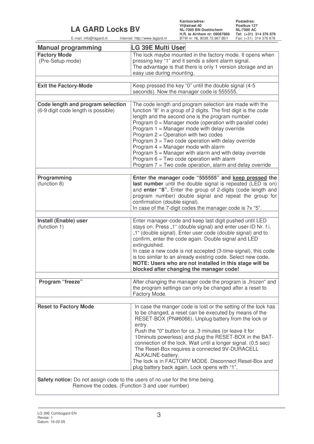 LG Electronics NL-7005 BN Factory Mode, Exit the Factory-Mode, Code length and program selection, Install Enable user 