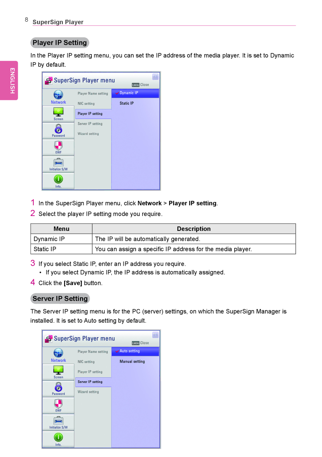 LG Electronics Not available owner manual Player IP Setting, Server IP Setting, Menu Description 