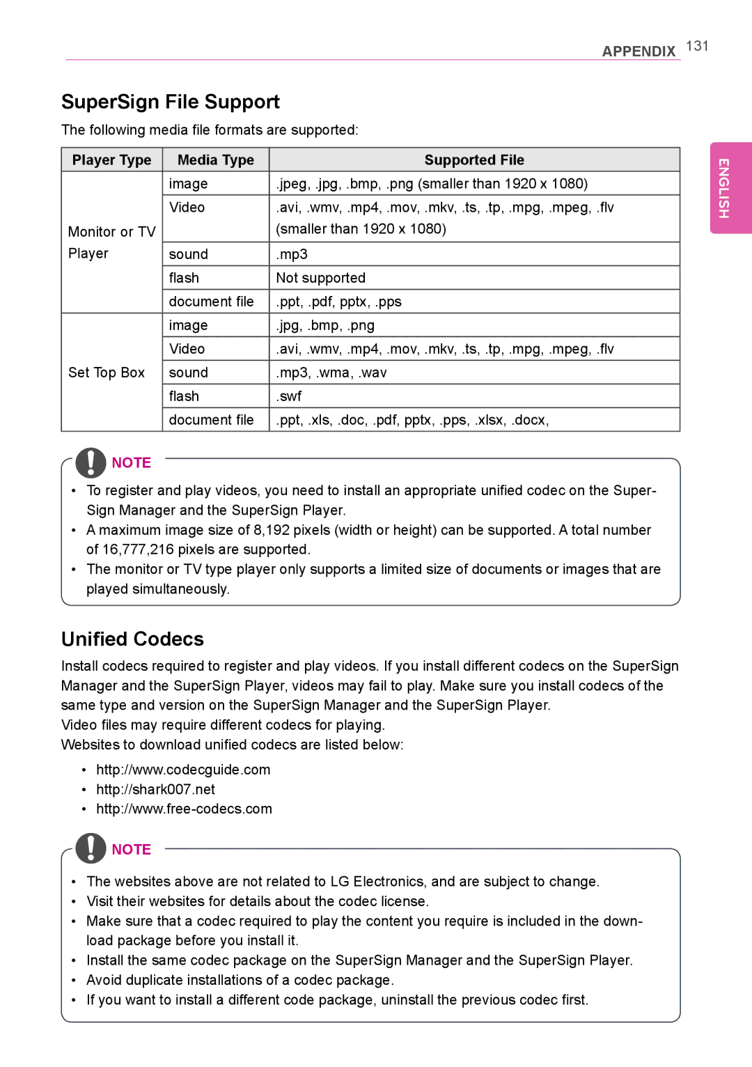 LG Electronics Not available owner manual SuperSign File Support, Unified Codecs, Player Type Media Type Supported File 