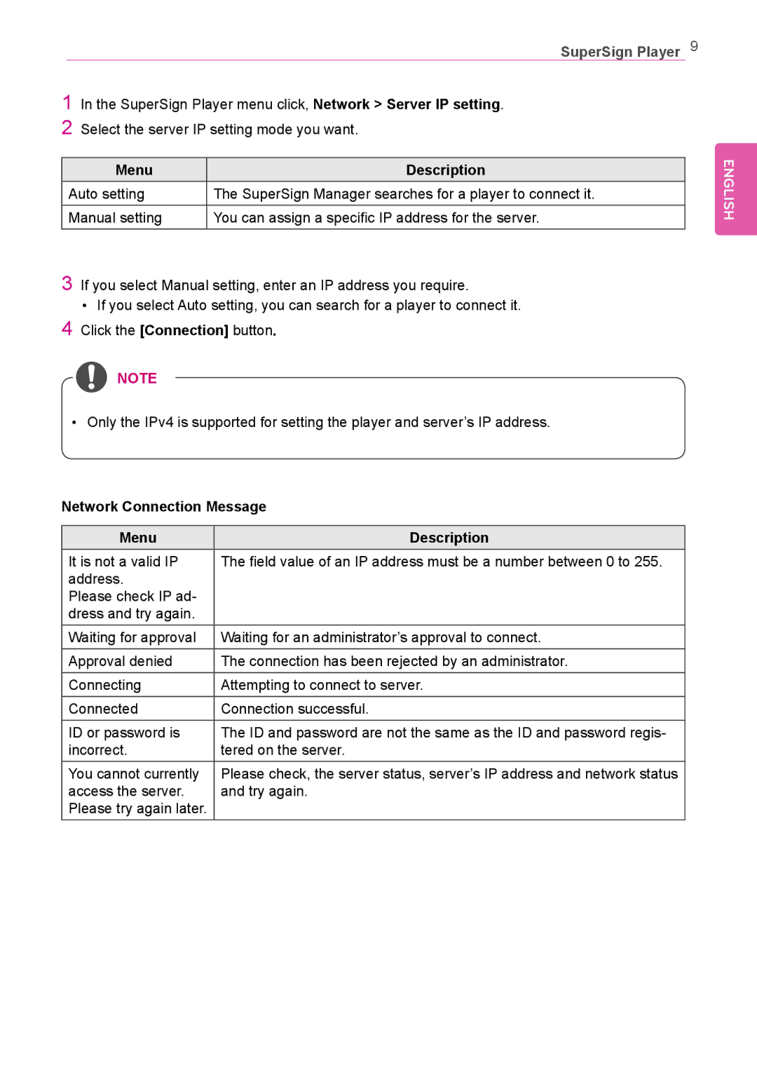 LG Electronics Not available owner manual Network Connection Message Menu Description 