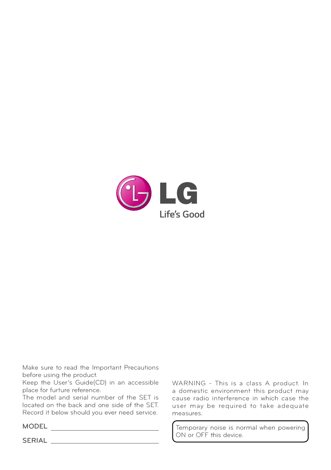 LG Electronics Not available owner manual Model Serial 