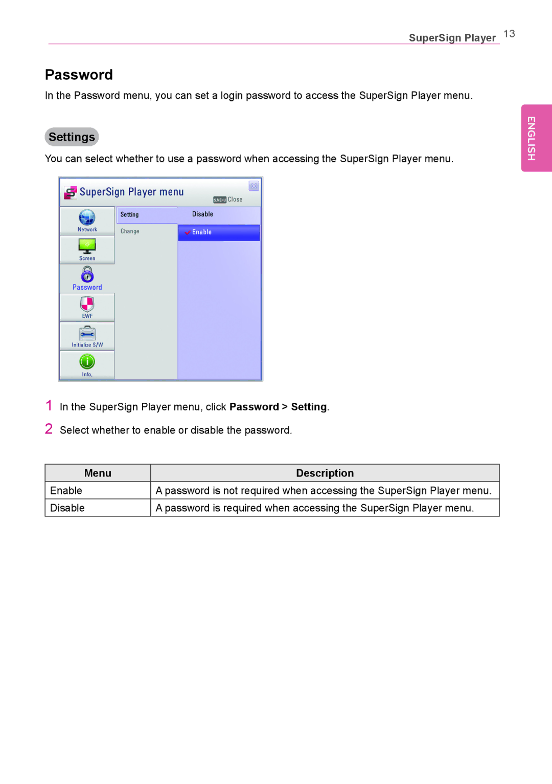 LG Electronics Not available owner manual Password, Settings 