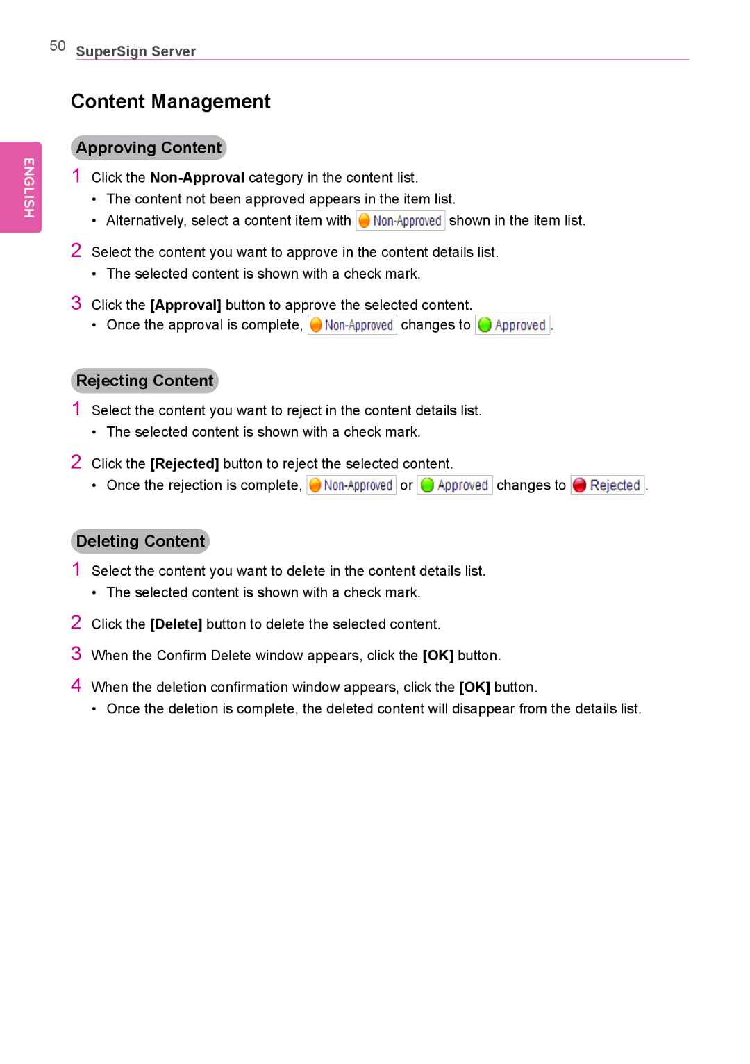 LG Electronics Not available owner manual Content Management, Approving Content, Rejecting Content, Deleting Content 