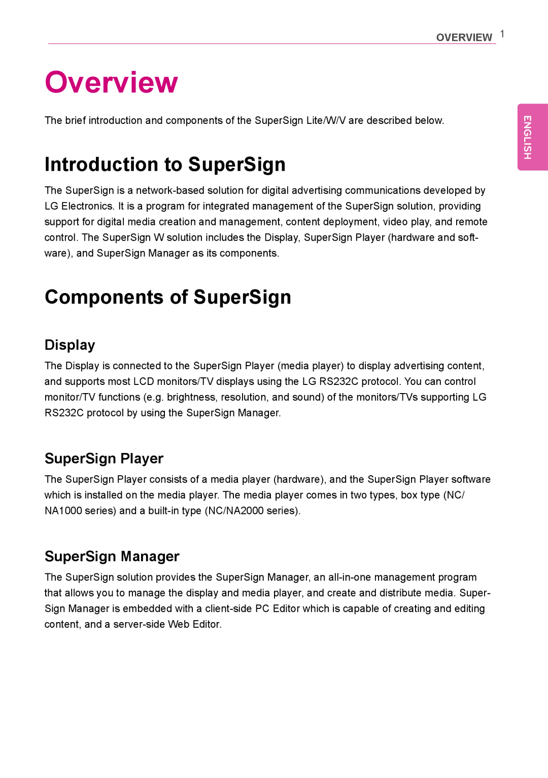 LG Electronics Not available owner manual Introduction to SuperSign, Components of SuperSign, Display, SuperSign Player 