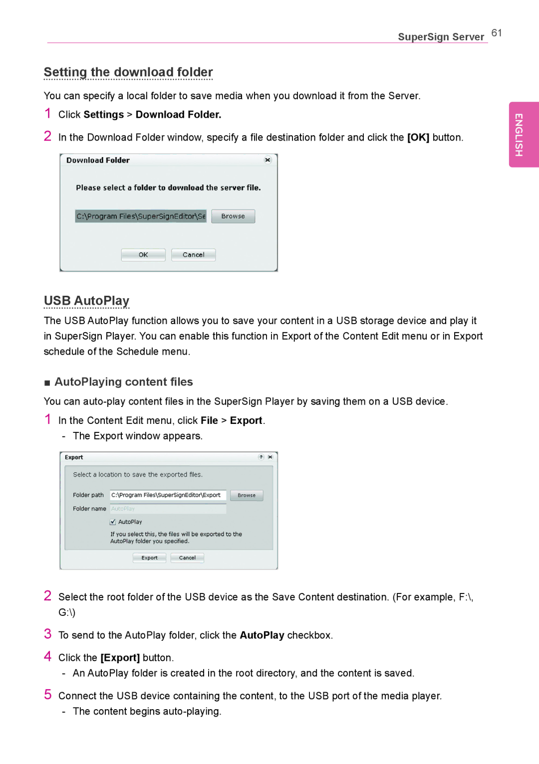 LG Electronics Not available owner manual Setting the download folder, USB AutoPlay, Click Settings Download Folder 