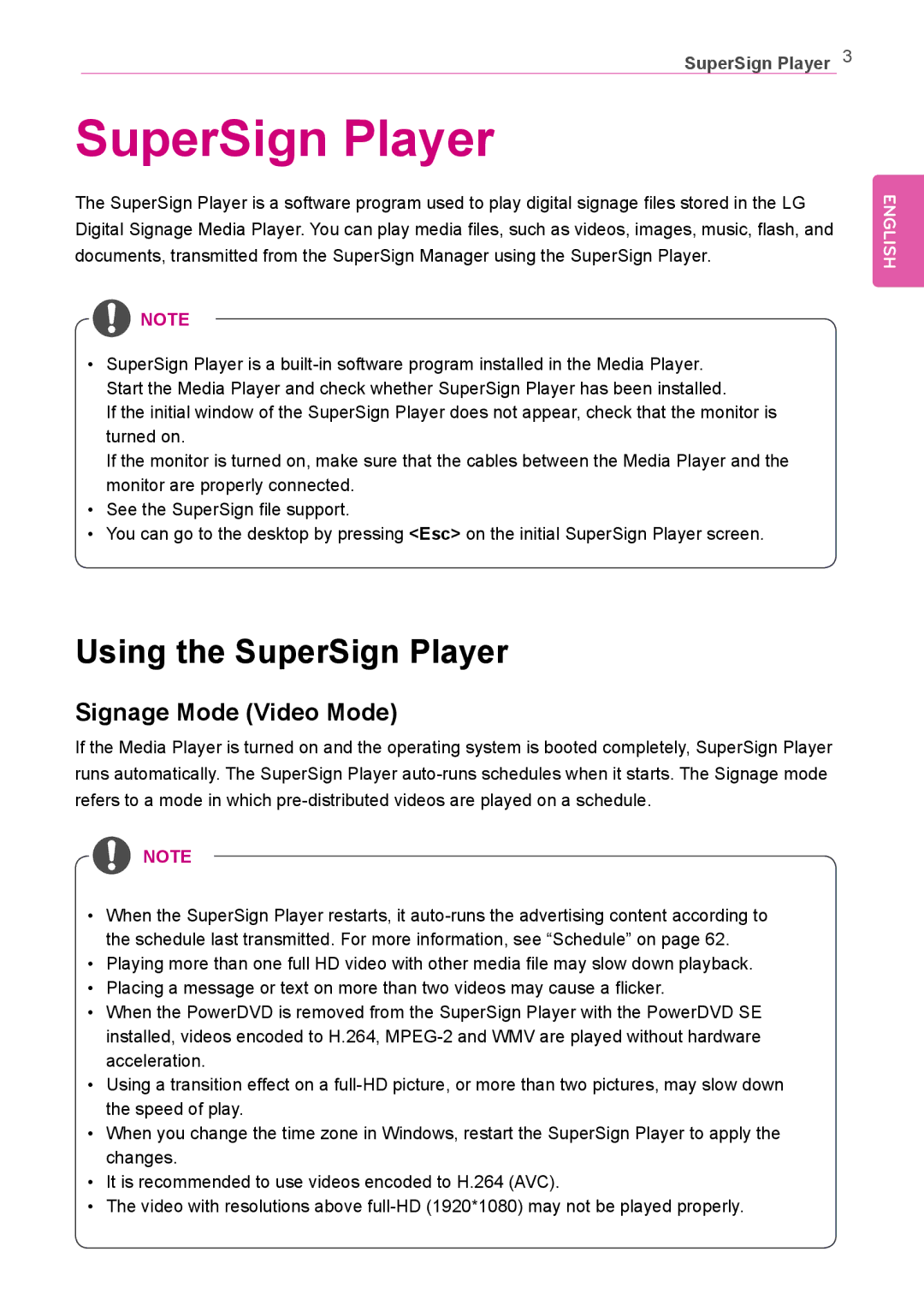 LG Electronics Not available owner manual Using the SuperSign Player, Signage Mode Video Mode 