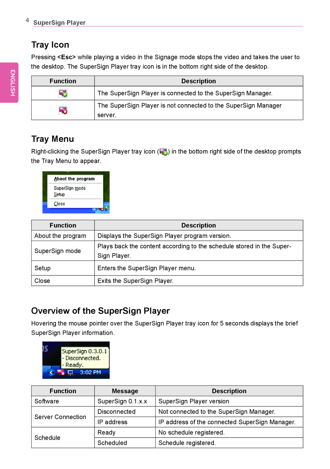 LG Electronics Not available owner manual Tray Icon, Tray Menu, Overview of the SuperSign Player, Function Description 