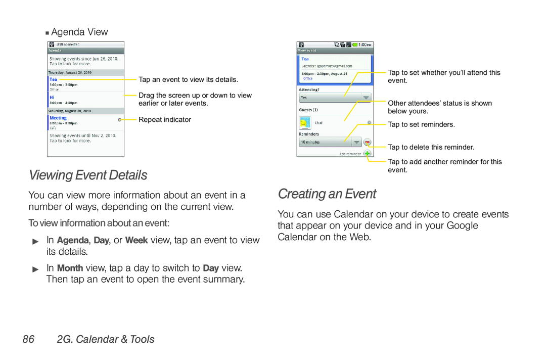 LG Electronics Optimus S manual Viewing Event Details, Creating an Event,  Agenda View, To view information about an event 