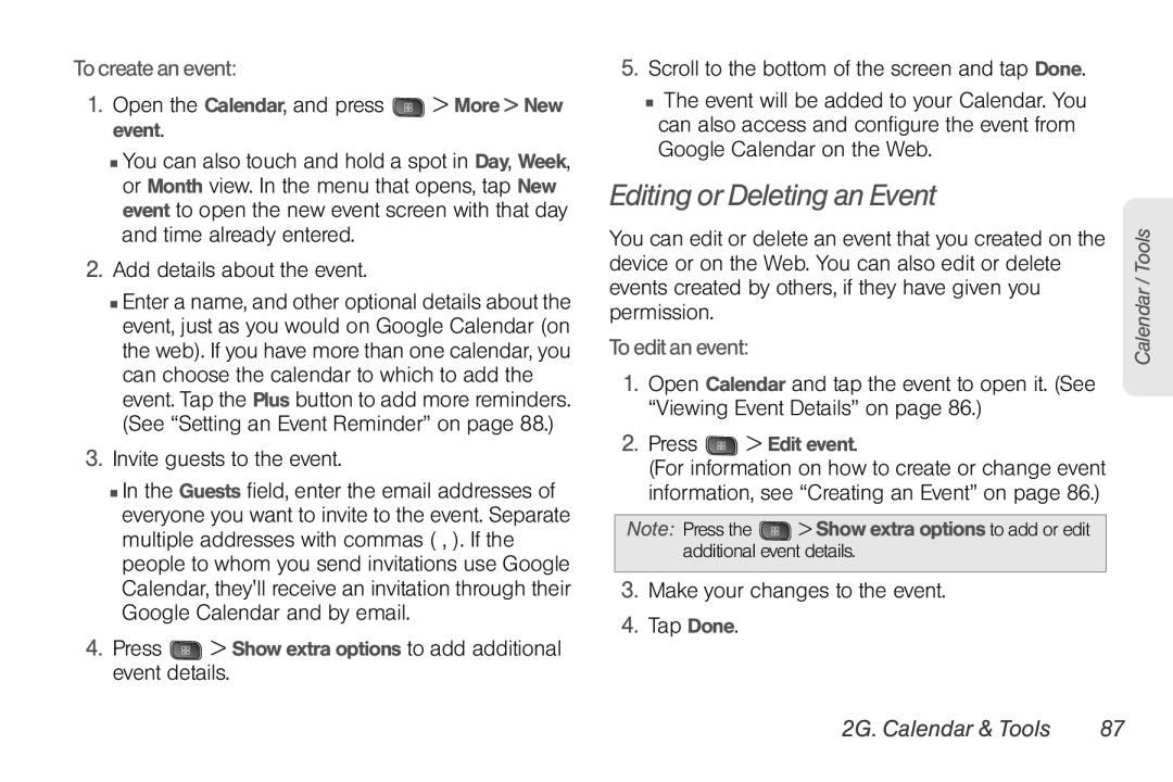 LG Electronics Optimus S Editing or Deleting an Event, To create an event, Invite guests to the event, To edit an event 