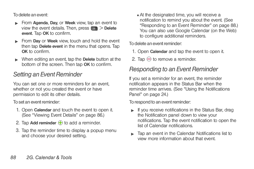 LG Electronics Optimus S manual Setting an Event Reminder, Responding to an Event Reminder, 88 2G. Calendar & Tools 