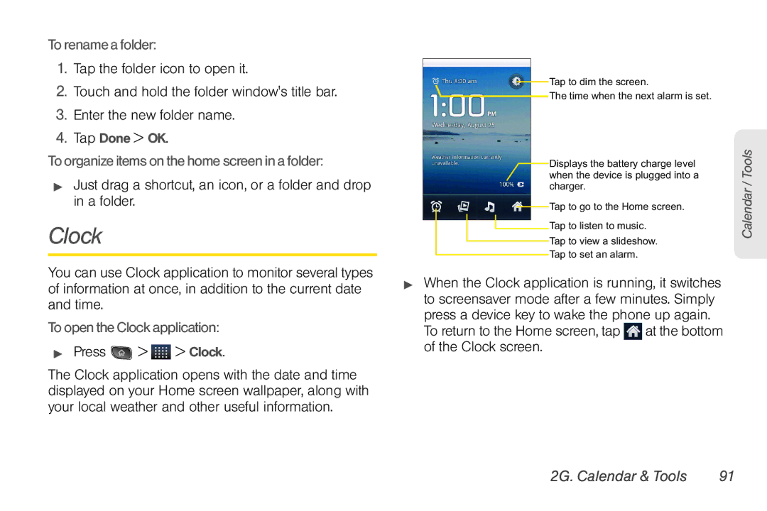 LG Electronics Optimus S manual To rename a folder, To organize items on the home screen in a folder,  Press Clock 