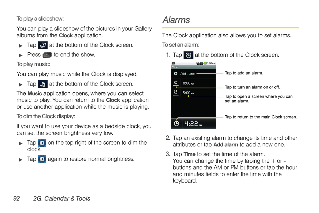 LG Electronics Optimus S manual Alarms, 92 2G. Calendar & Tools 