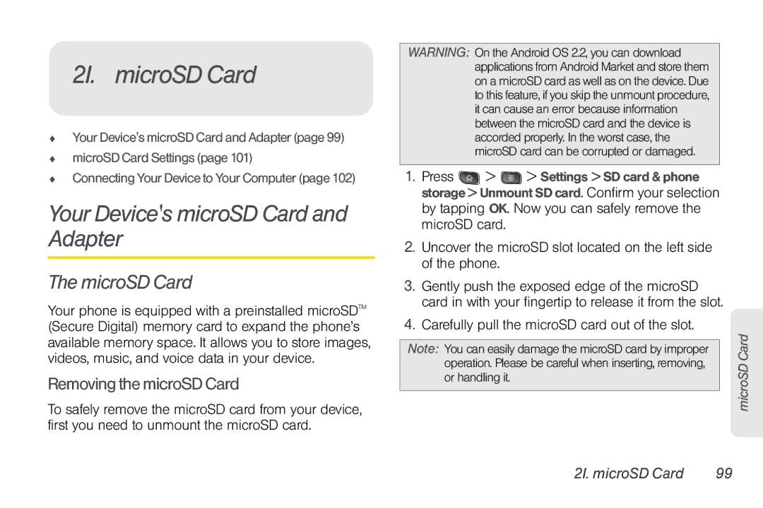 LG Electronics Optimus S 2I. microSD Card, Your Devices microSD Card and Adapter, MicroSD Card, Removing the microSD Card 