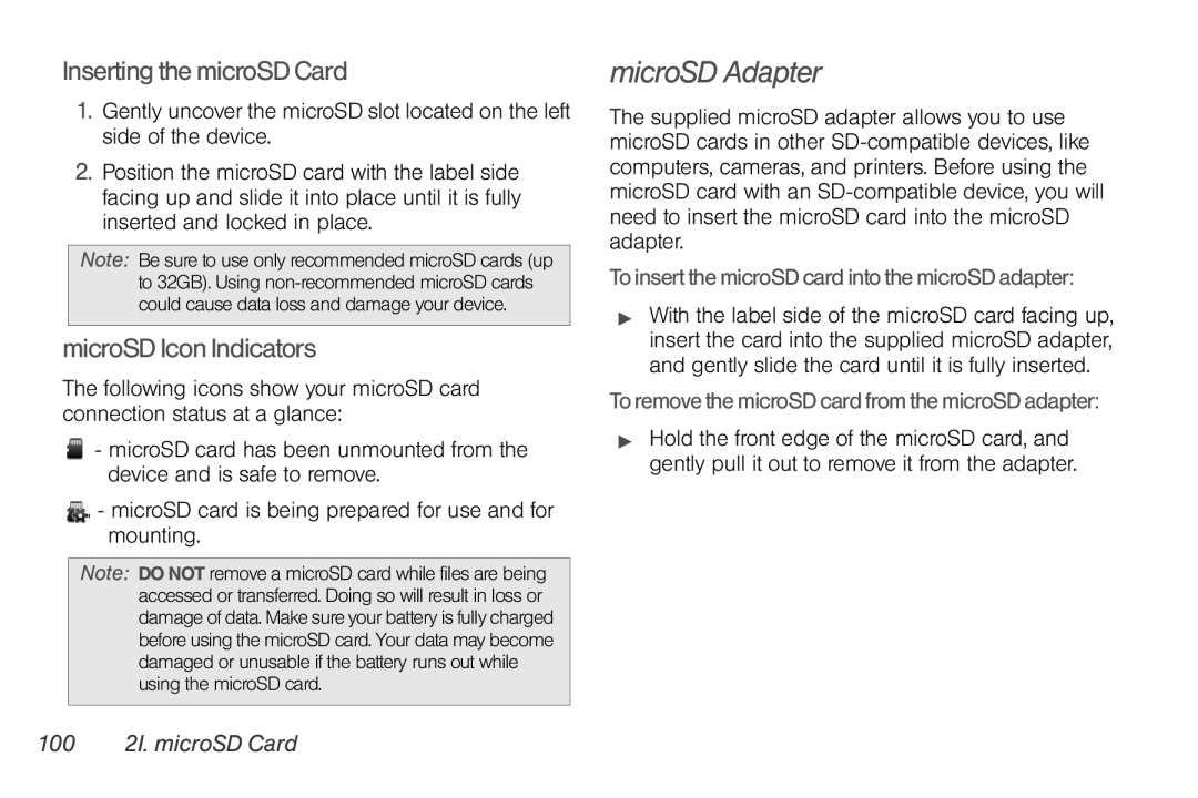 LG Electronics Optimus S manual MicroSD Adapter, Inserting the microSD Card, MicroSD Icon Indicators, 100 2I. microSD Card 