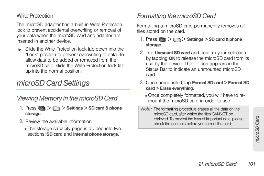 LG Electronics Optimus S manual MicroSD Card Settings, Viewing Memory in the microSD Card, Formatting the microSD Card 