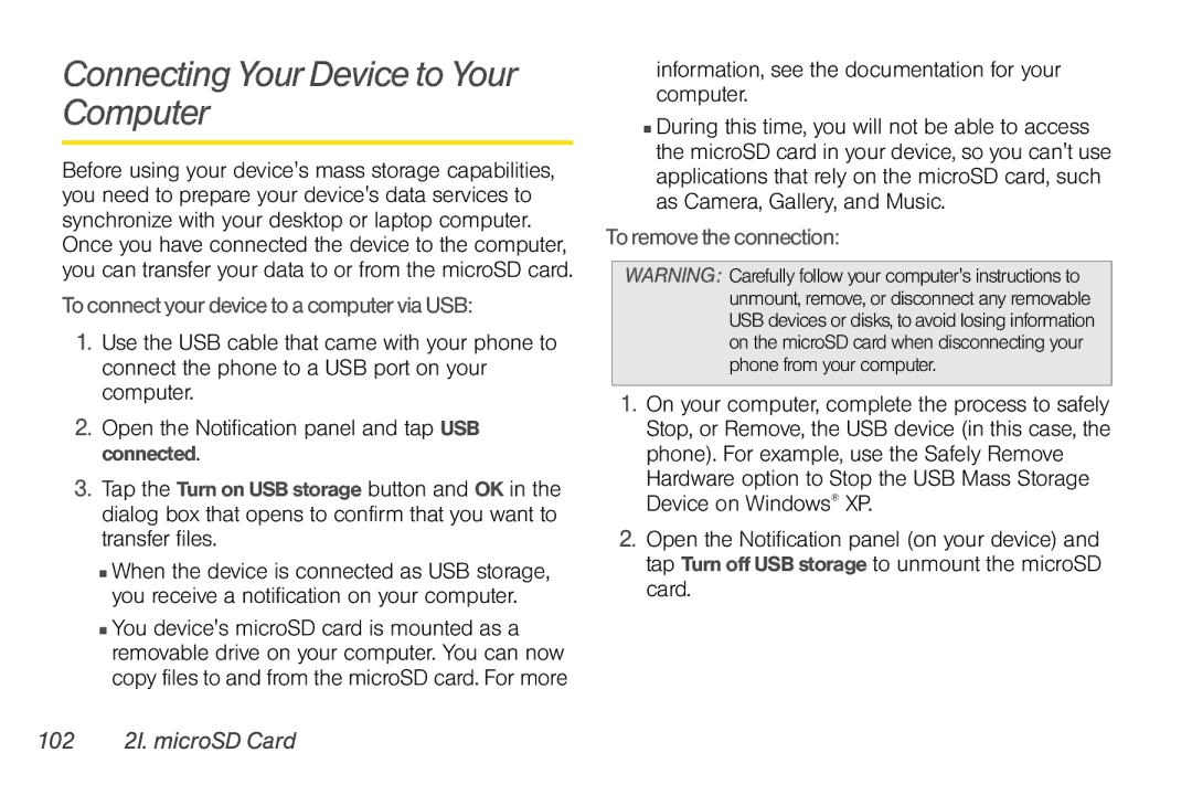 LG Electronics Optimus S manual Connecting Your Device to Your Computer, To connect your device to a computer via USB 