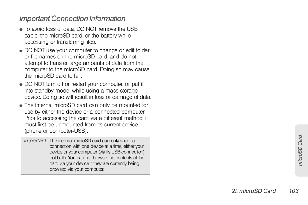 LG Electronics Optimus S manual Important Connection Information, 2I. microSD Card 103 