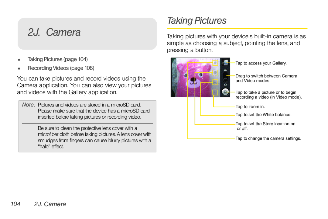 LG Electronics Optimus S manual 104 2J. Camera,  Taking Pictures  Recording Videos 