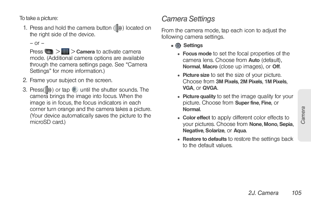 LG Electronics Optimus S manual Camera Settings, To take a picture, 2J. Camera 105 