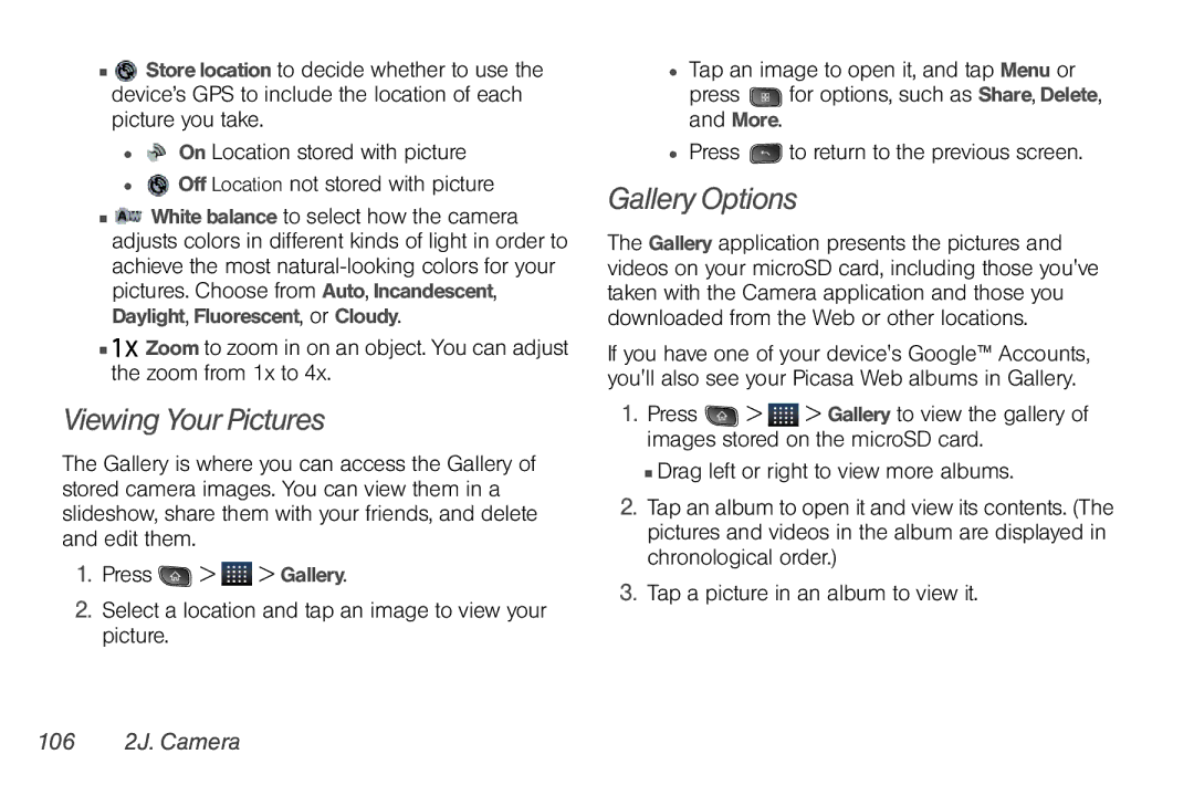 LG Electronics Optimus S manual Viewing Your Pictures, Gallery Options, 106 2J. Camera 