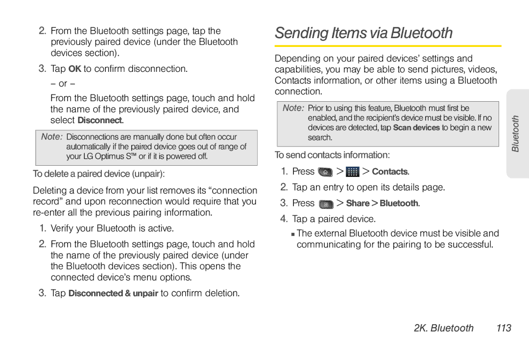 LG Electronics Optimus S manual Sending Items via Bluetooth, To delete a paired device unpair, To send contacts information 