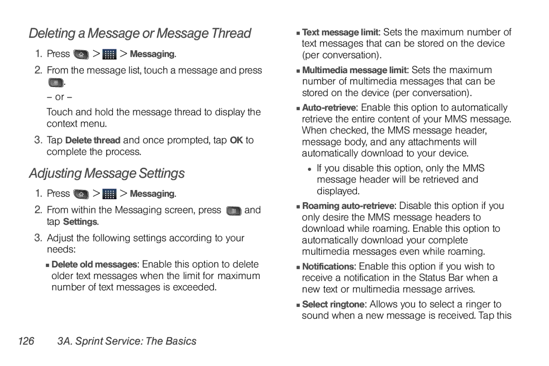 LG Electronics Optimus S manual Deleting a Message or Message Thread, Adjusting Message Settings 