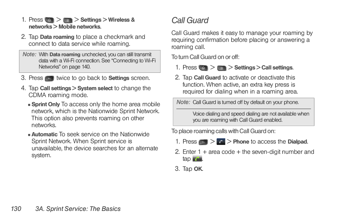 LG Electronics Optimus S manual Call Guard, Press twice to go back to Settings screen, 130 3A. Sprint Service The Basics 