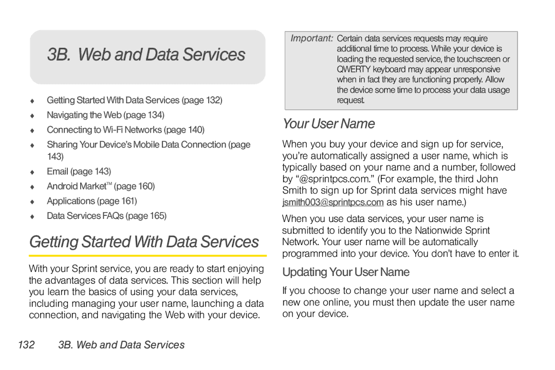 LG Electronics Optimus S manual 3B. Web and Data Services, Getting Started With Data Services, Your User Name 