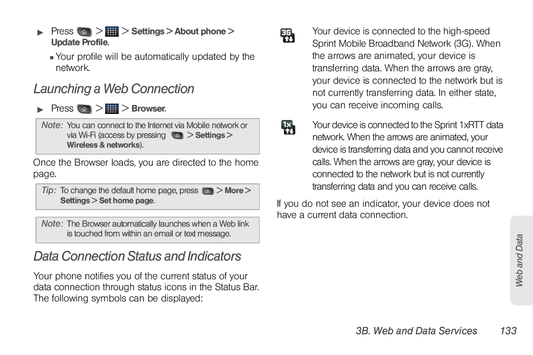 LG Electronics Optimus S Launching a Web Connection, Data Connection Status and Indicators, 3B. Web and Data Services 133 