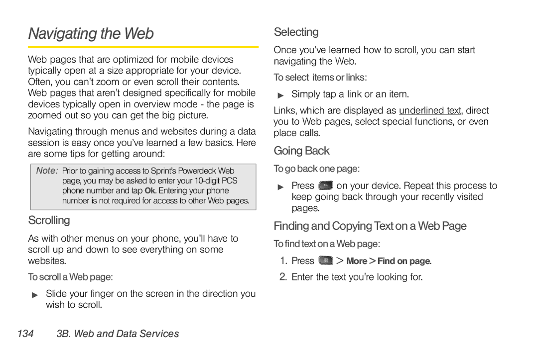 LG Electronics Optimus S manual Navigating the Web, Scrolling, Selecting, Going Back, Finding and Copying Text on a Web 