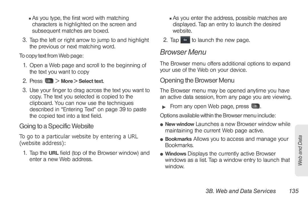 LG Electronics Optimus S manual Going to a Specific Website, Opening the Browser Menu, 3B. Web and Data Services 135 