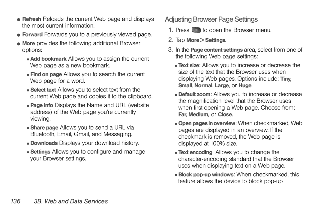 LG Electronics Optimus S Adjusting Browser Page Settings, Press to open the Browser menu, 136 3B. Web and Data Services 