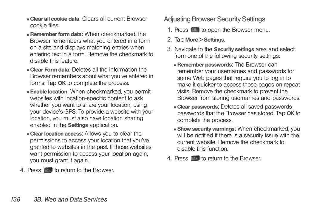 LG Electronics Optimus S manual Adjusting Browser Security Settings, 138 3B. Web and Data Services 