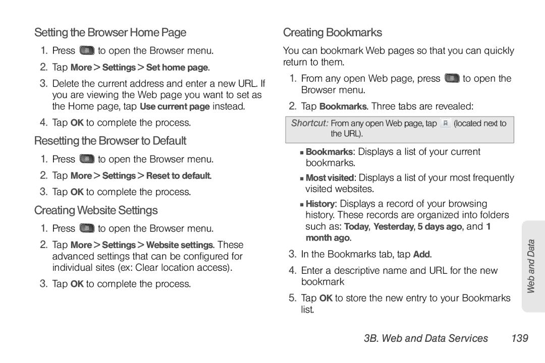 LG Electronics Optimus S manual Setting the Browser Home, Resetting the Browser to Default, Creating Website Settings 