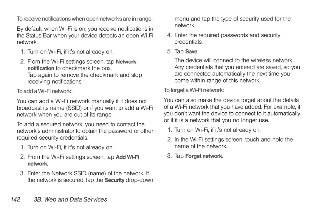 LG Electronics Optimus S manual To add a Wi-Fi network, To forget a Wi-Fi network, 142 3B. Web and Data Services 