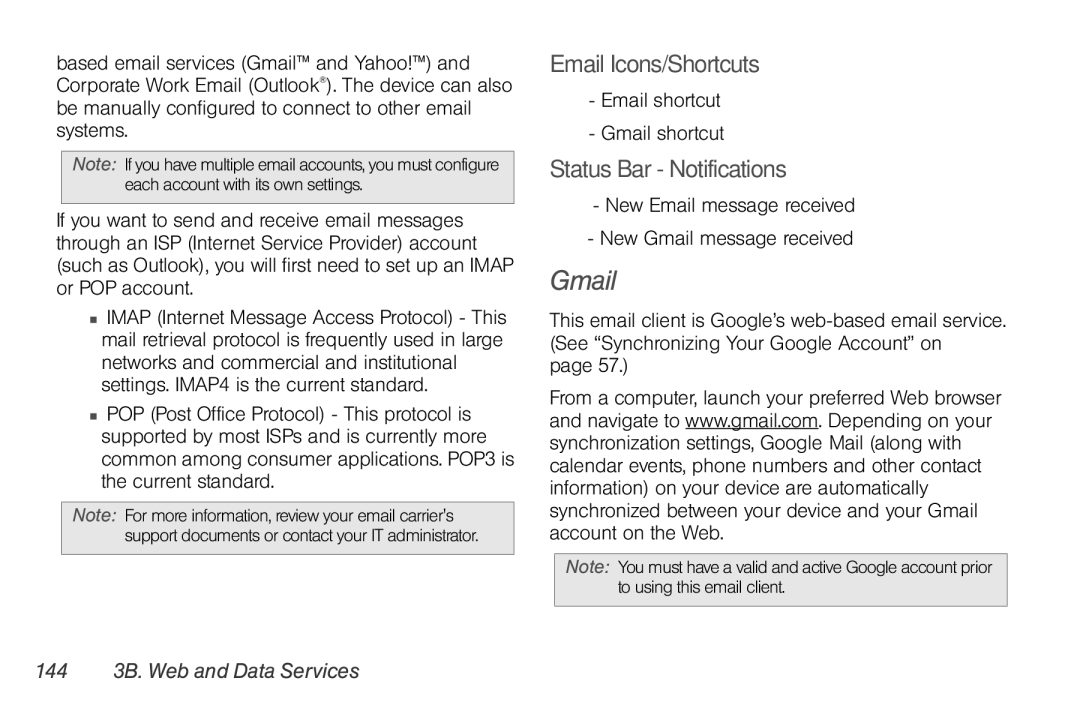 LG Electronics Optimus S manual Email Icons/Shortcuts, Status Bar Notifications, Email shortcut Gmail shortcut 