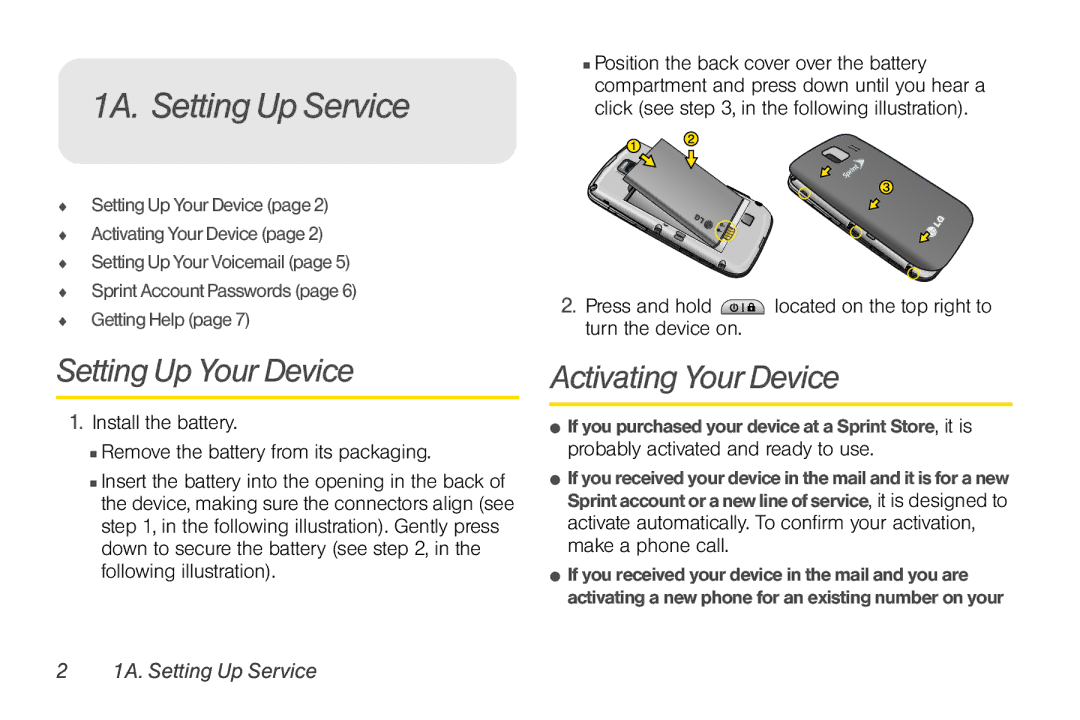 LG Electronics Optimus S manual 1A. Setting Up Service, Setting Up Your Device, Activating Your Device 