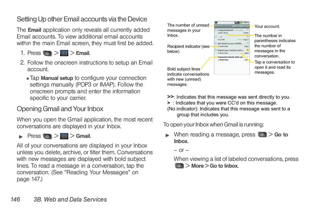 LG Electronics Optimus S manual Opening Gmail and Your Inbox, To open your Inbox when Gmail is running 