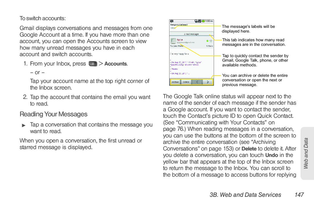 LG Electronics Optimus S manual Reading Your Messages, To switch accounts, 3B. Web and Data Services 147 