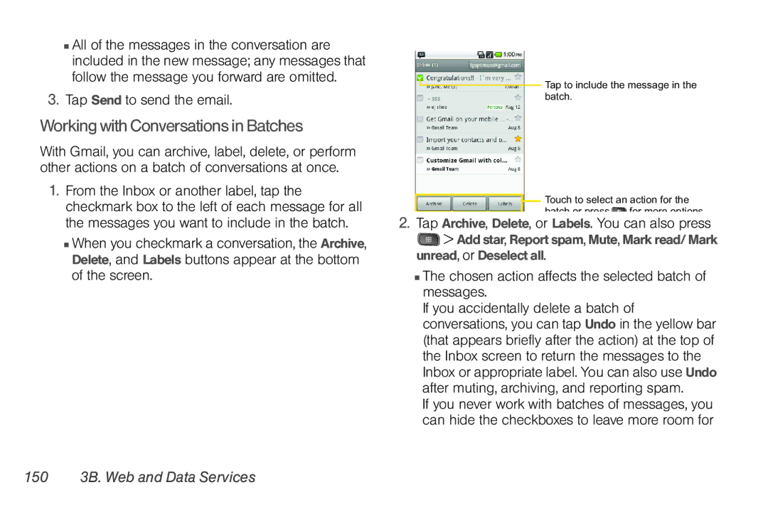 LG Electronics Optimus S Working with Conversations in Batches, Tap Send to send the email, 150 3B. Web and Data Services 