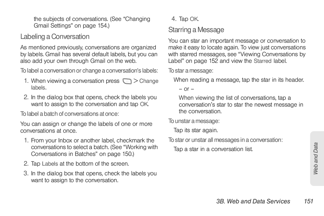 LG Electronics Optimus S manual Labeling a Conversation, Starring a Message, 3B. Web and Data Services 151 