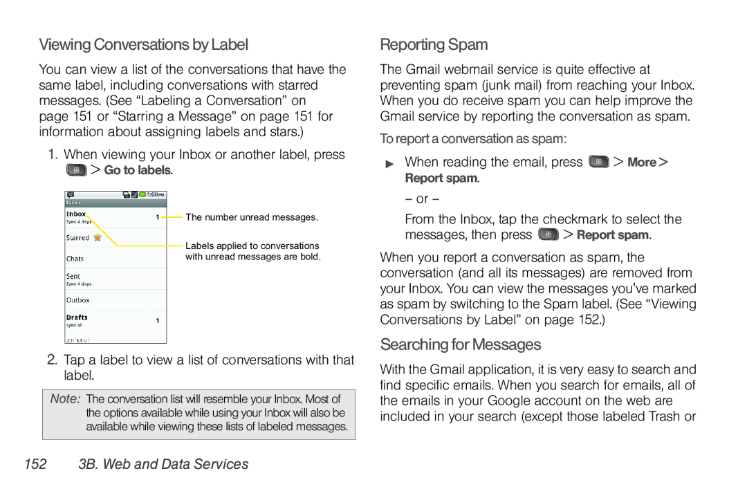 LG Electronics Optimus S manual Viewing Conversations by Label, Reporting Spam, Searching for Messages 