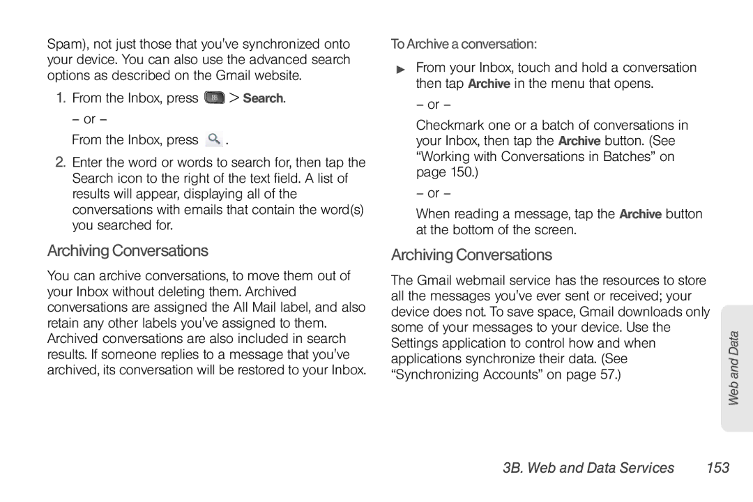 LG Electronics Optimus S manual Archiving Conversations, To Archive a conversation, 3B. Web and Data Services 153 