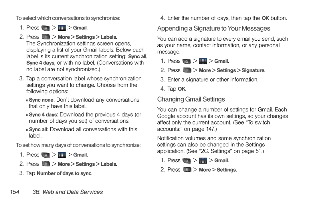 LG Electronics Optimus S Appending a Signature to Your Messages, Changing Gmail Settings, 154 3B. Web and Data Services 