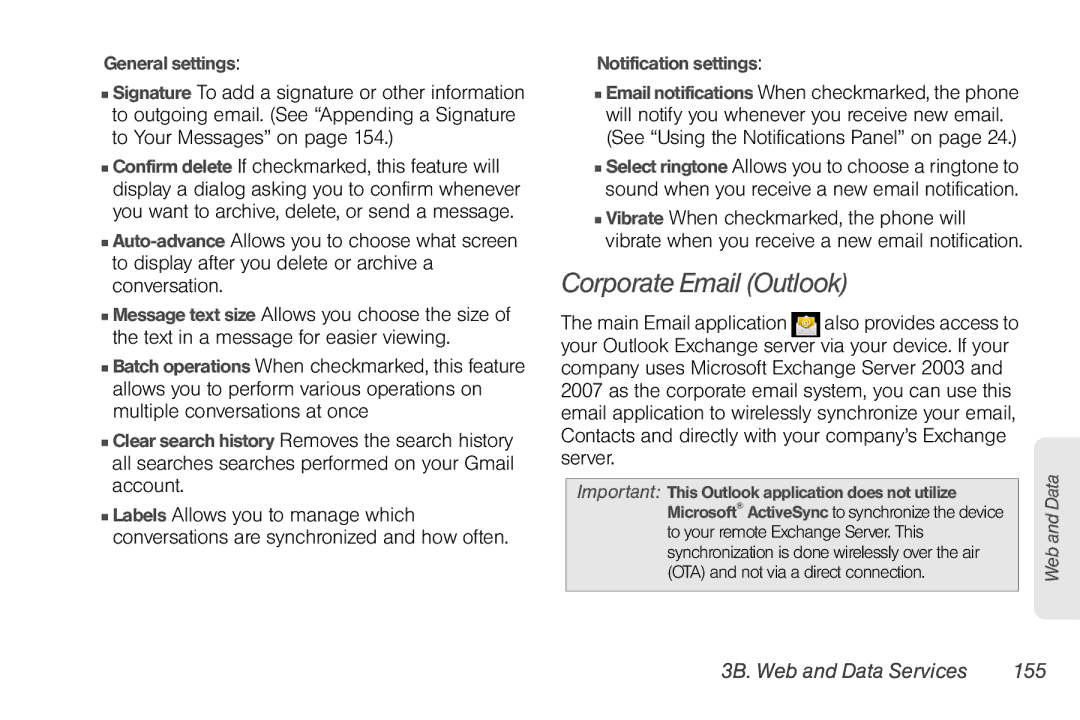 LG Electronics Optimus S Corporate Email Outlook, 3B. Web and Data Services 155, General settings, Notification settings 